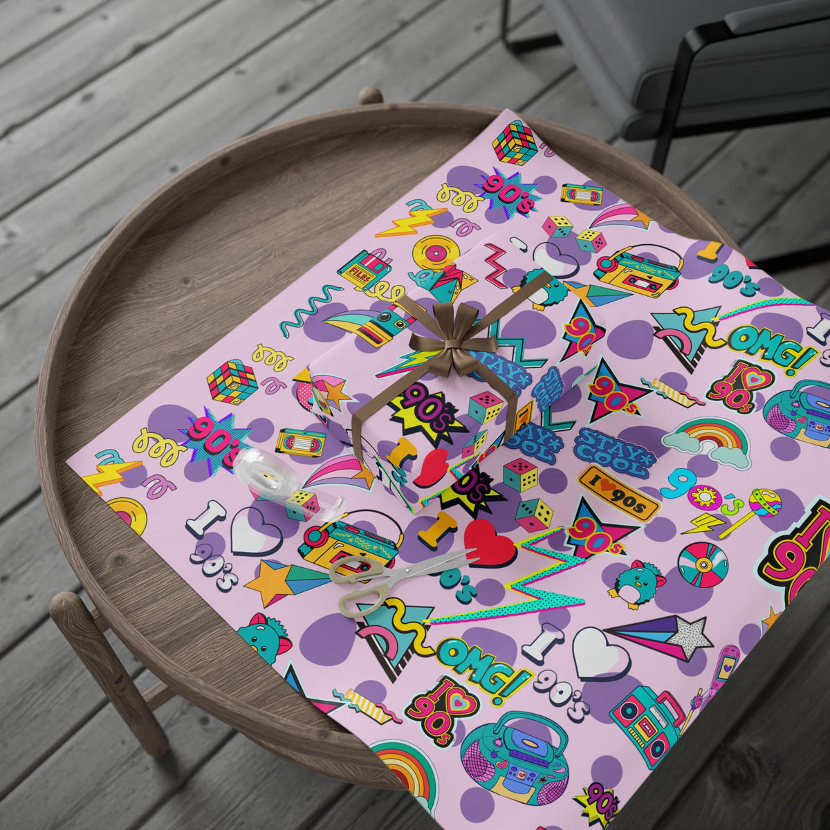 90s Retro Pattern Wrapping Paper | Neon Cassette, Rubik, Sunglasses