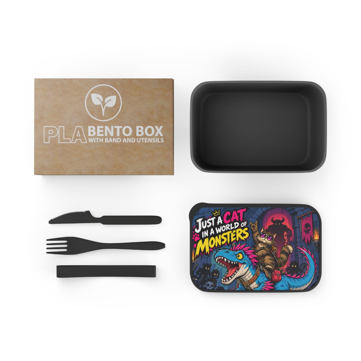 Just a Cat in a World of Monsters Bento Box | PLA Lunchbox with Utensils