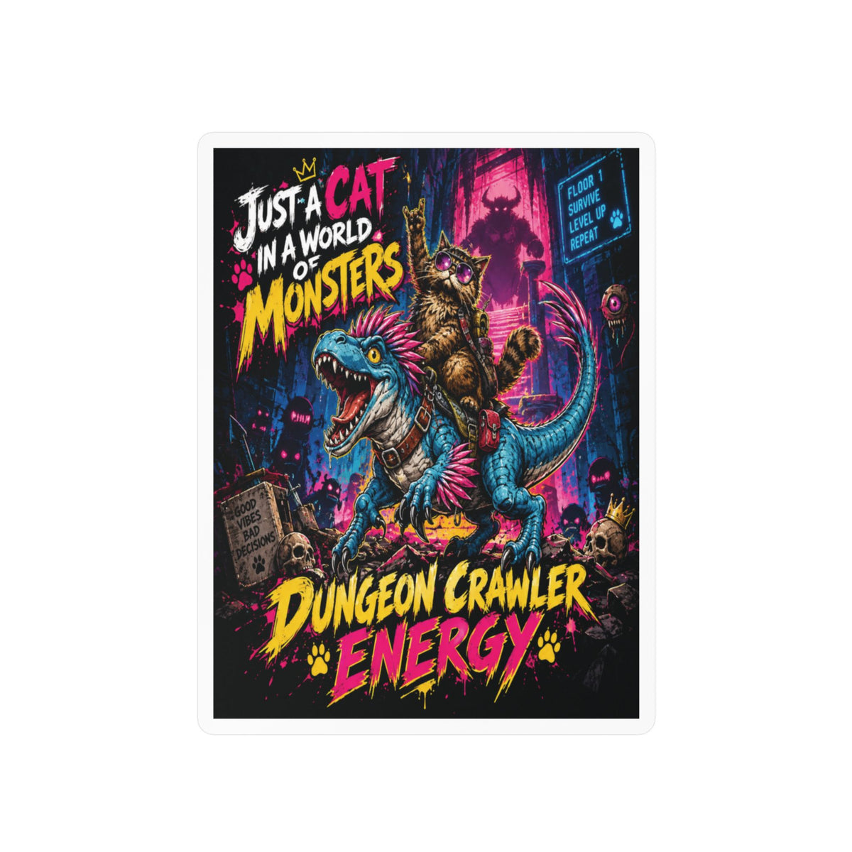 Dungeon Crawler Energy Cat Riding Dinosaur Sticker | Kiss-Cut Vinyl Decal