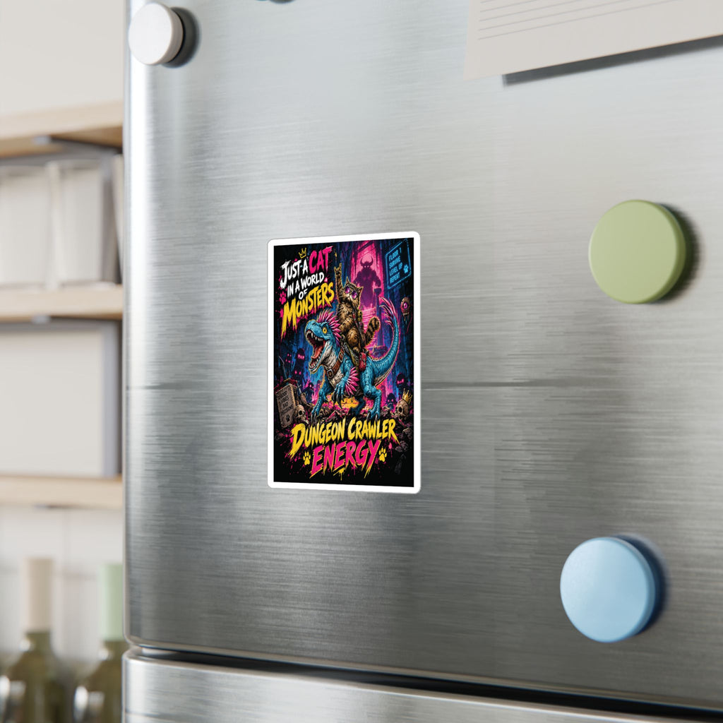 Dungeon Crawler Energy Cat Riding Dinosaur Sticker | Kiss-Cut Vinyl Decal