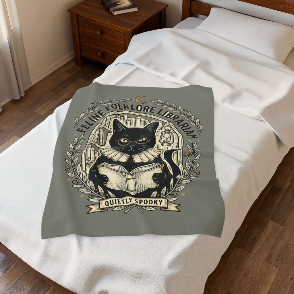 Feline Folklore Librarian Velveteen Plush Blanket | Quietly Spooky Cat Reading