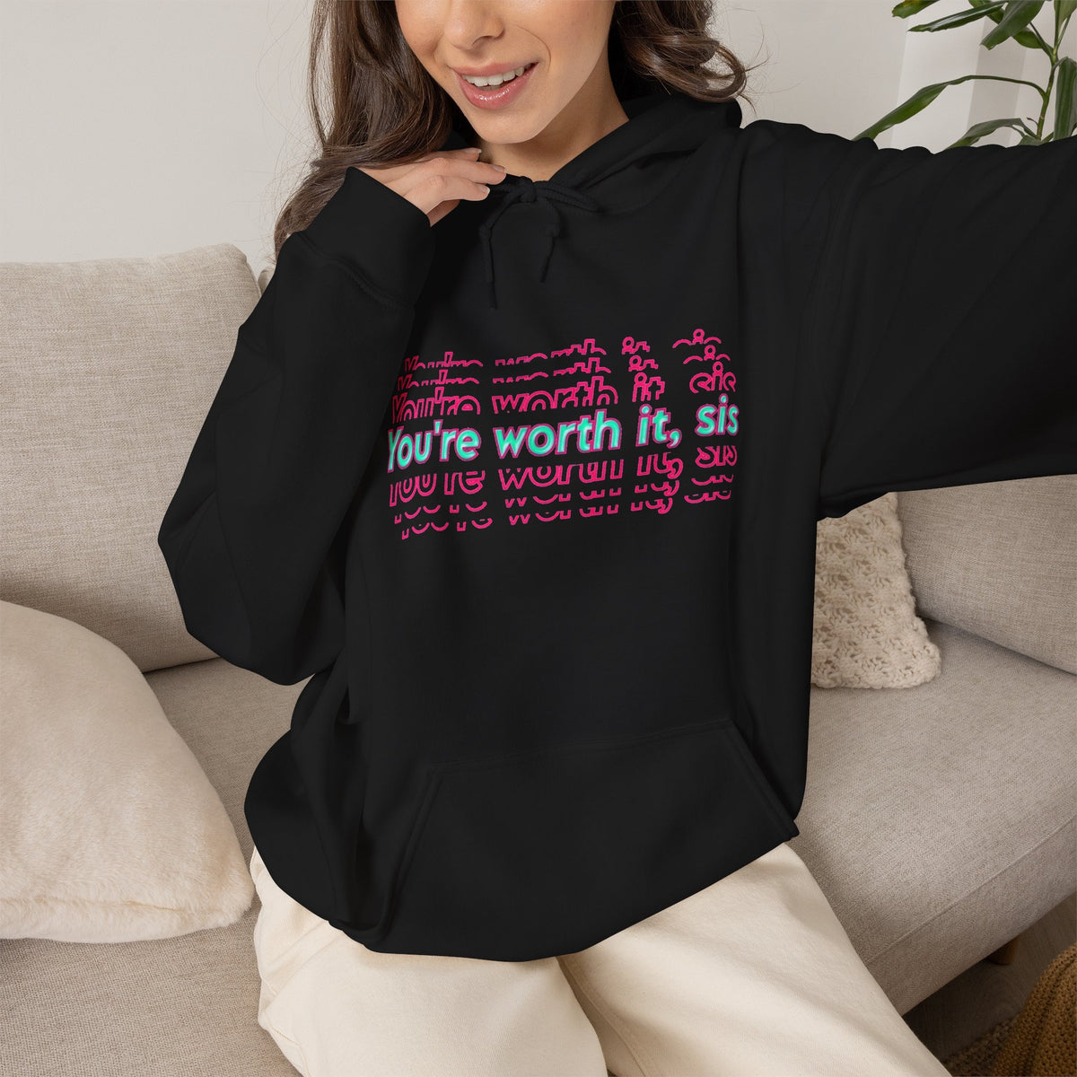 You're Worth It Pink Retro Text Hoodie Positive Affirmation Sweatshirt