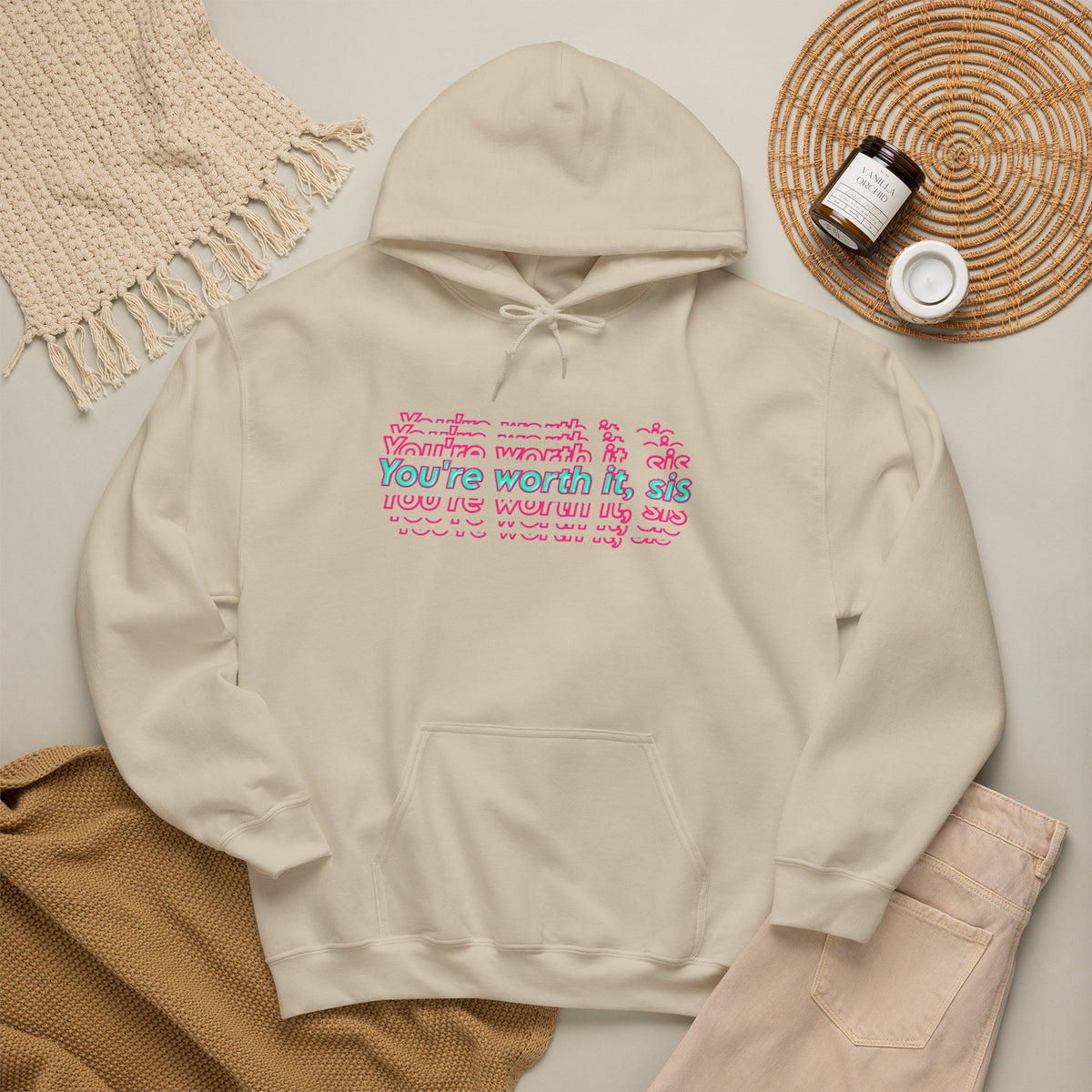 You're Worth It Pink Retro Text Hoodie Positive Affirmation Sweatshirt