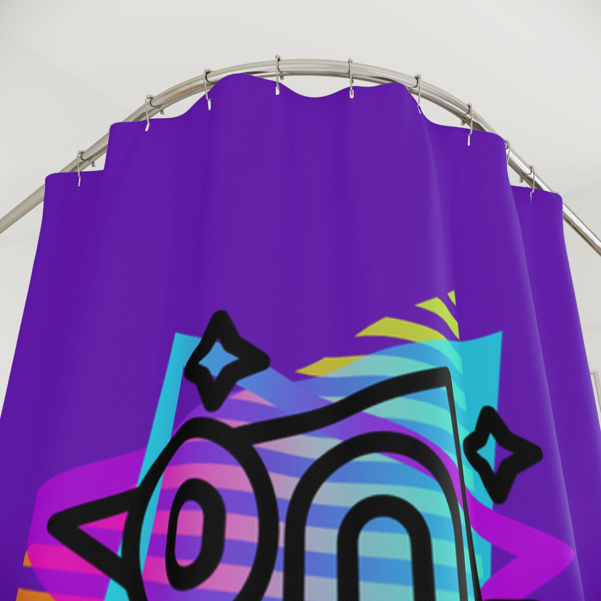 80s Retro Neon Graphic Shower Curtain | Vaporwave Purple 1980s Decor