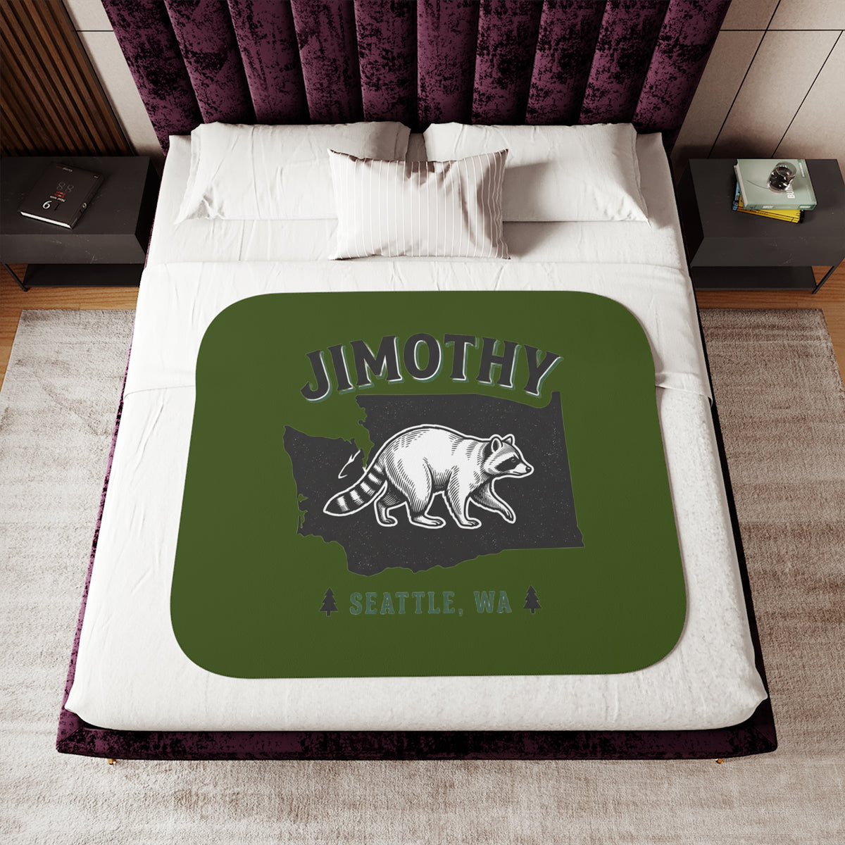 Raccoon Jimothy Washington State design Sherpa Blanket | Seattle forest cabin