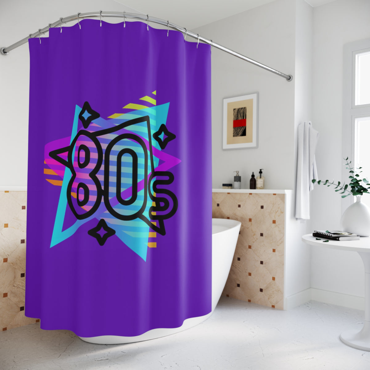 80s Retro Neon Graphic Shower Curtain | Vaporwave Purple 1980s Decor