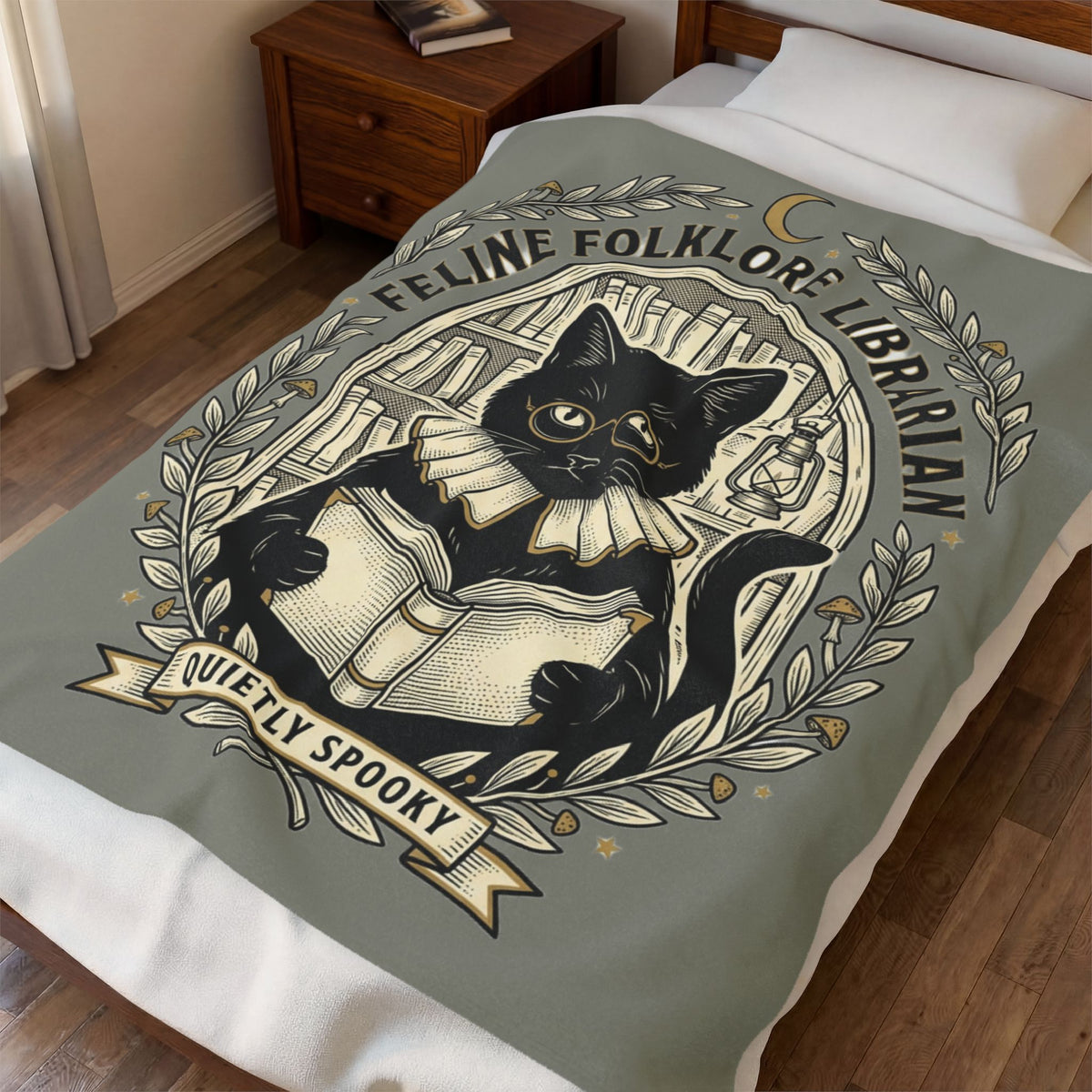 Feline Folklore Librarian Velveteen Plush Blanket | Quietly Spooky Cat Reading