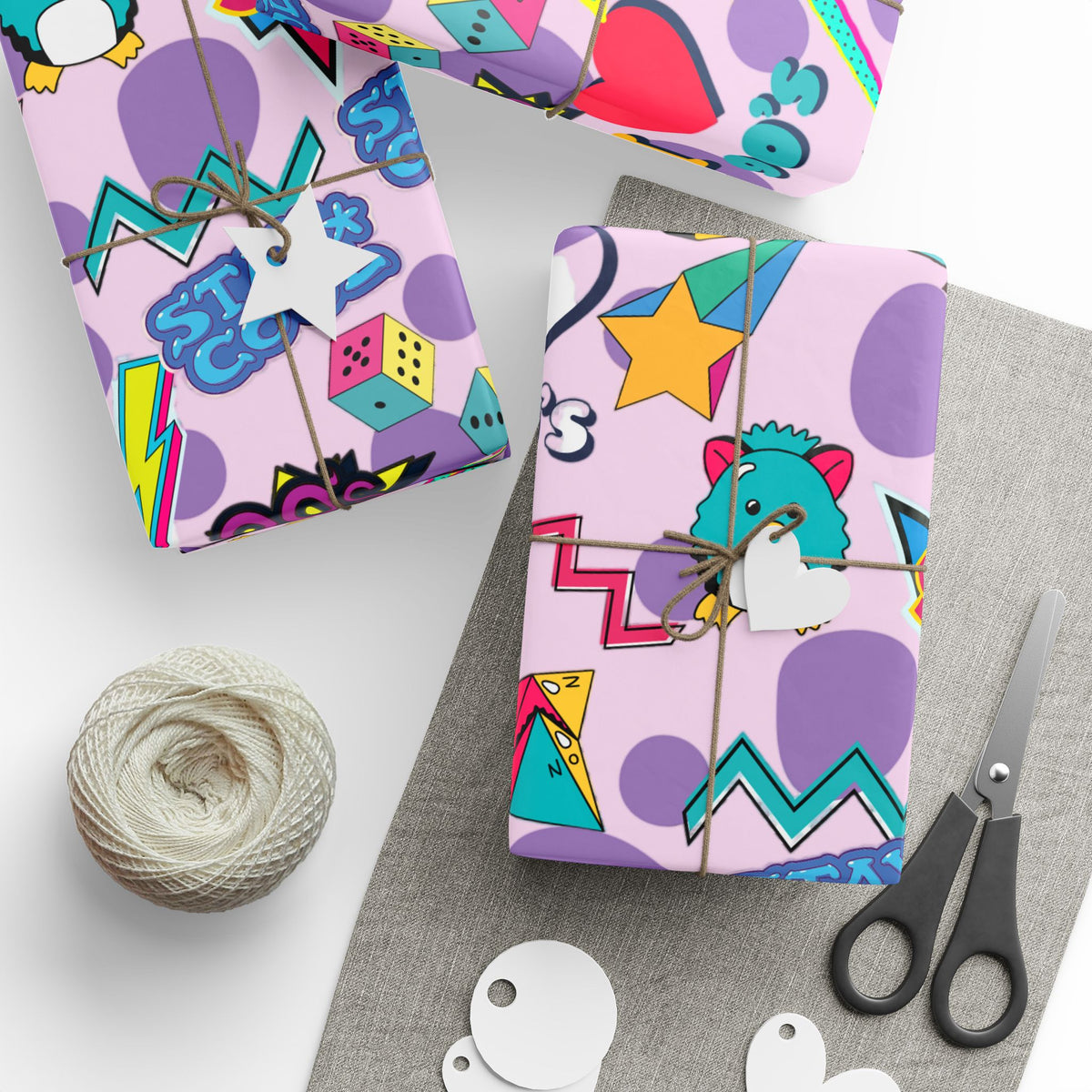 90s Retro Pattern Wrapping Paper | Neon Cassette, Rubik, Sunglasses
