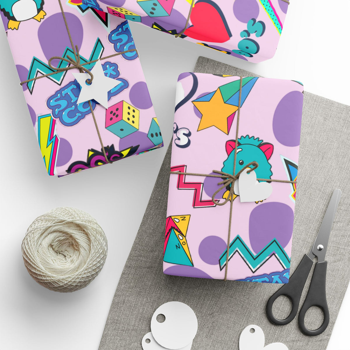 90s Retro Pattern Wrapping Paper | Neon Cassette, Rubik, Sunglasses