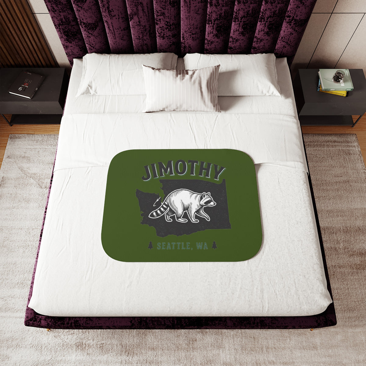 Raccoon Jimothy Washington State design Sherpa Blanket | Seattle forest cabin