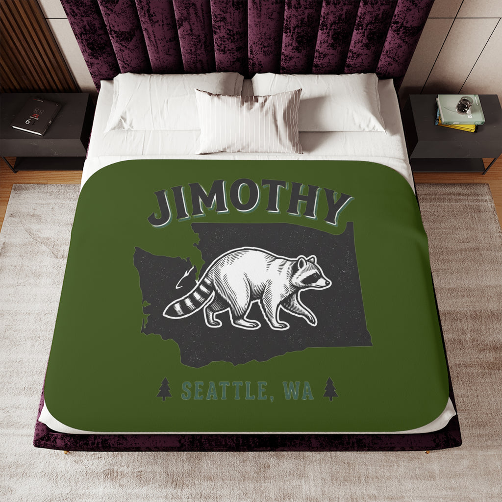 Raccoon Jimothy Washington State design Sherpa Blanket | Seattle forest cabin