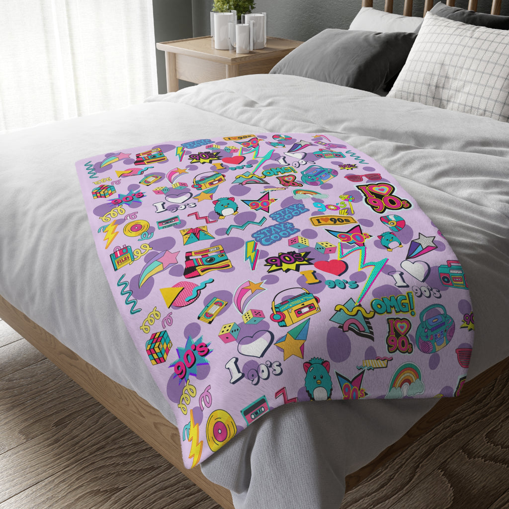 90s Retro Icons blanket Velveteen Microfiber Throw | Pastel Cassette & Lightning Pattern