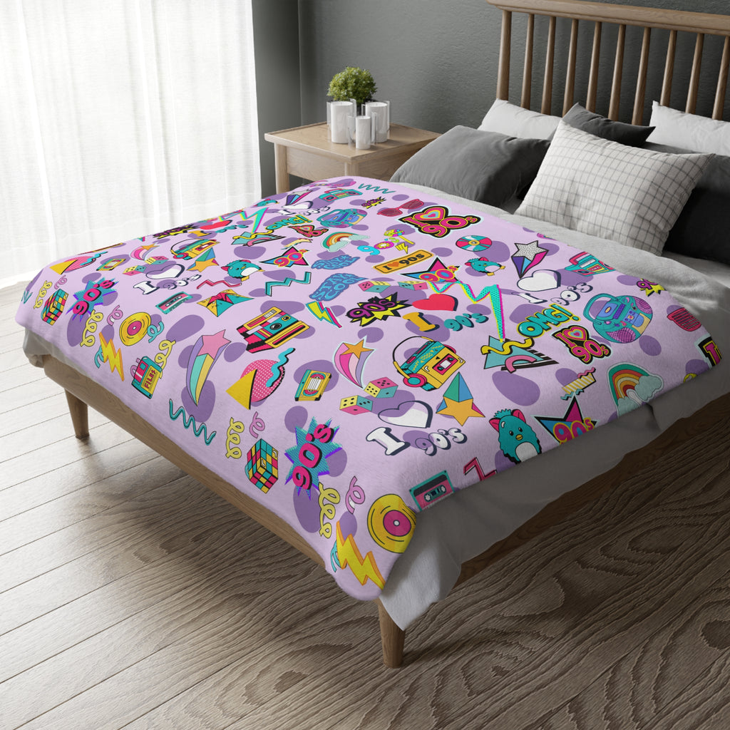 90s Retro Icons blanket Velveteen Microfiber Throw | Pastel Cassette & Lightning Pattern