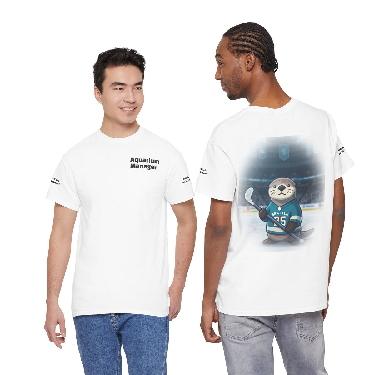 Seattle Otter Mascot Aquarium Manager T-Shirt | Hockey Arena Backprint