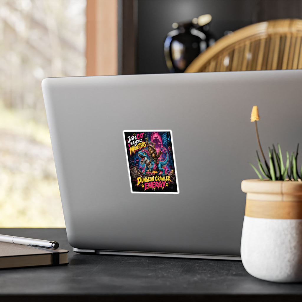 Dungeon Crawler Energy Cat Riding Dinosaur Sticker | Kiss-Cut Vinyl Decal