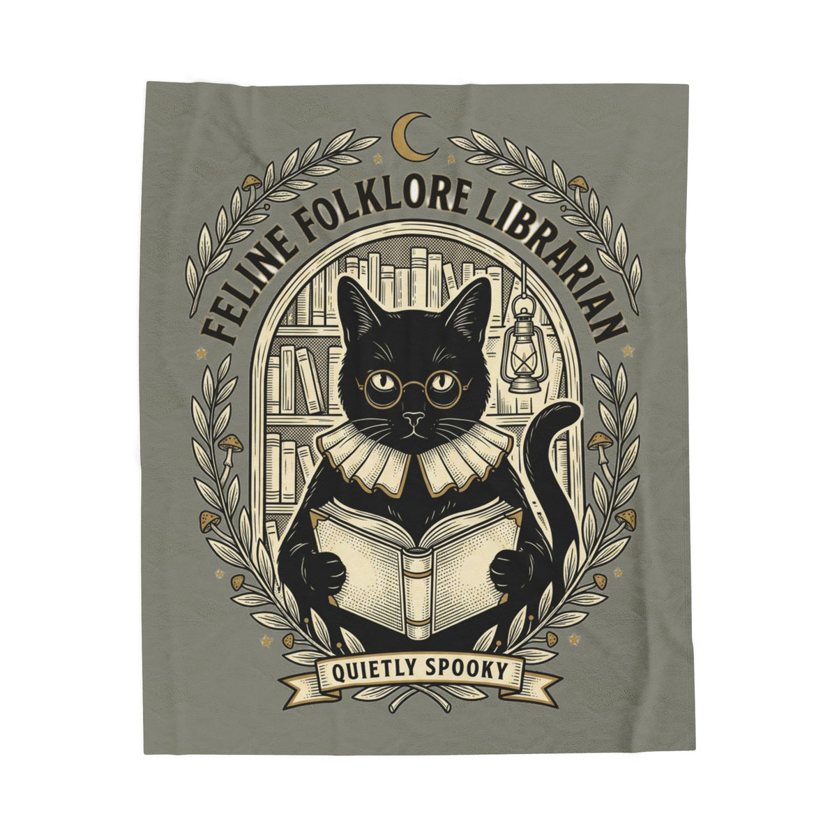 Feline Folklore Librarian Velveteen Plush Blanket | Quietly Spooky Cat Reading