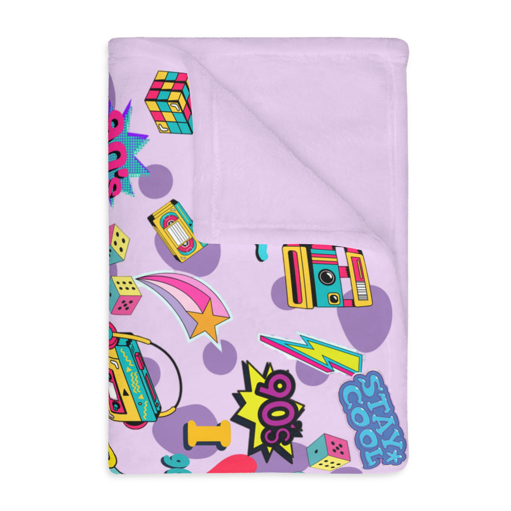 90s Retro Icons blanket Velveteen Microfiber Throw | Pastel Cassette & Lightning Pattern