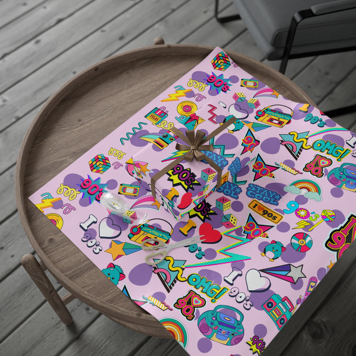 90s Retro Pattern Wrapping Paper | Neon Cassette, Rubik, Sunglasses