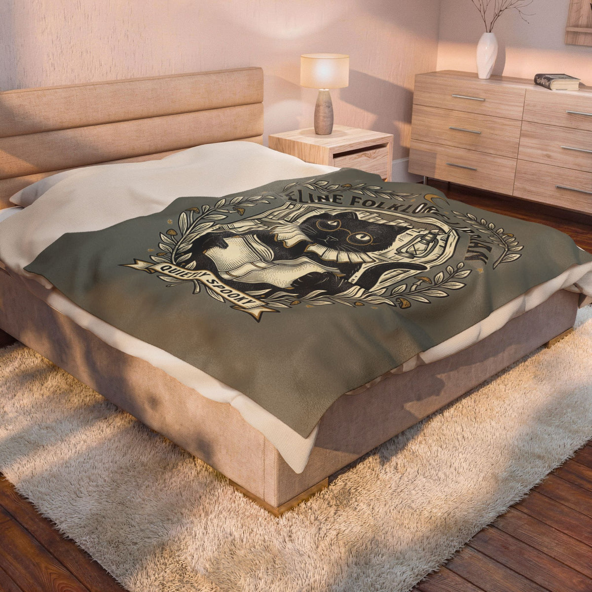 Feline Folklore Librarian Velveteen Plush Blanket | Quietly Spooky Cat Reading
