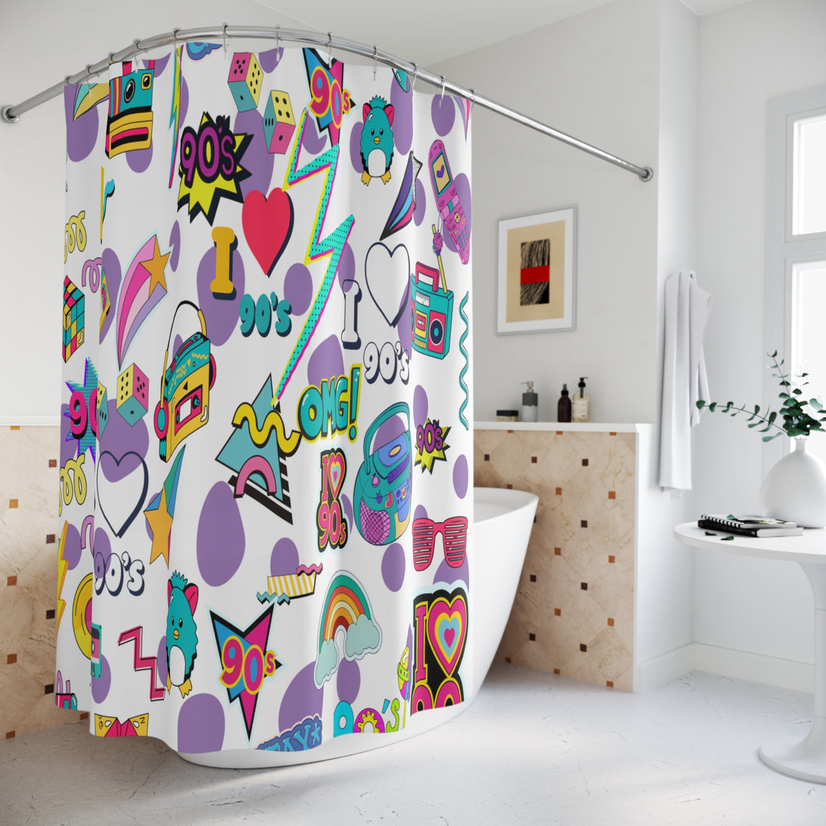90s Pop Icons Shower Curtain | Retro Cassette, Boombox, Neon Stickers