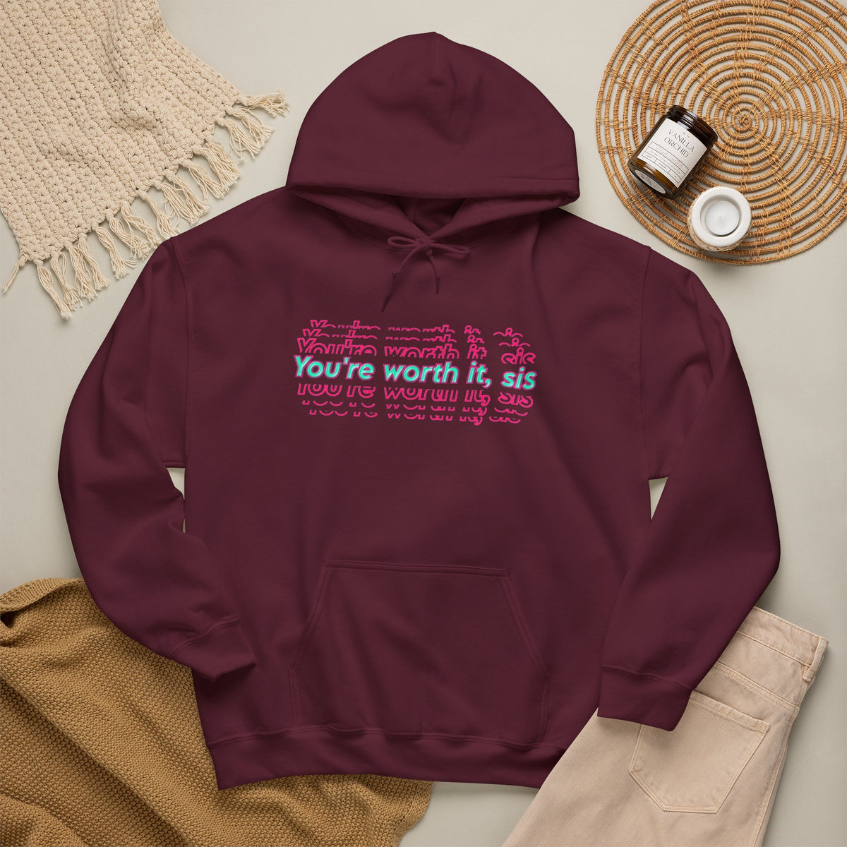 You're Worth It Pink Retro Text Hoodie Positive Affirmation Sweatshirt