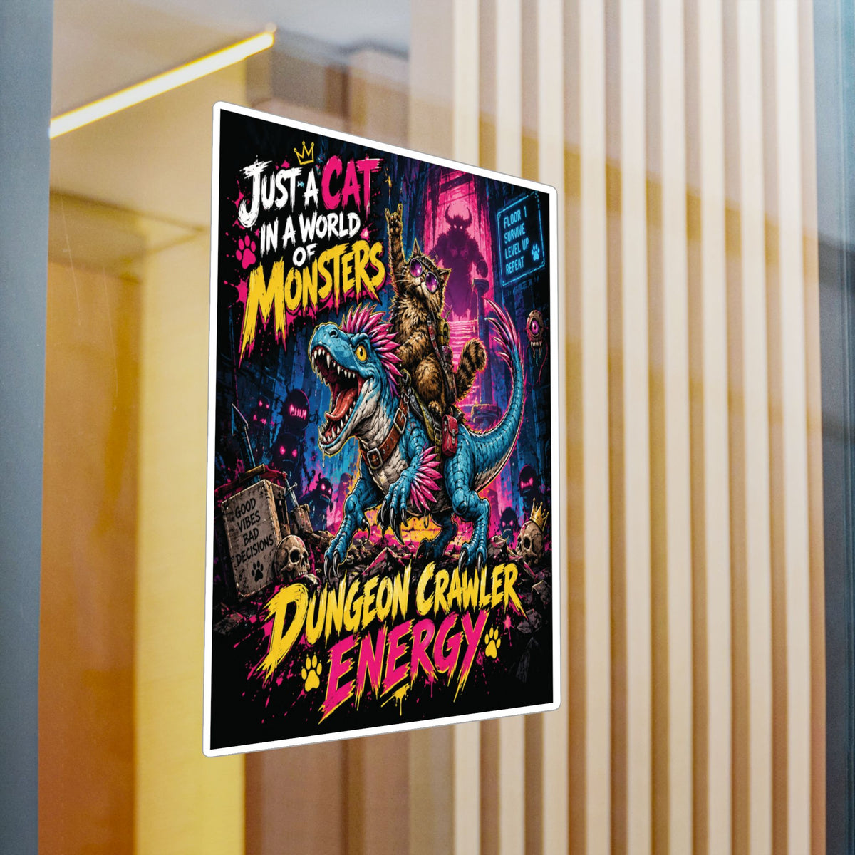 Dungeon Crawler Energy Cat Riding Dinosaur Sticker | Kiss-Cut Vinyl Decal