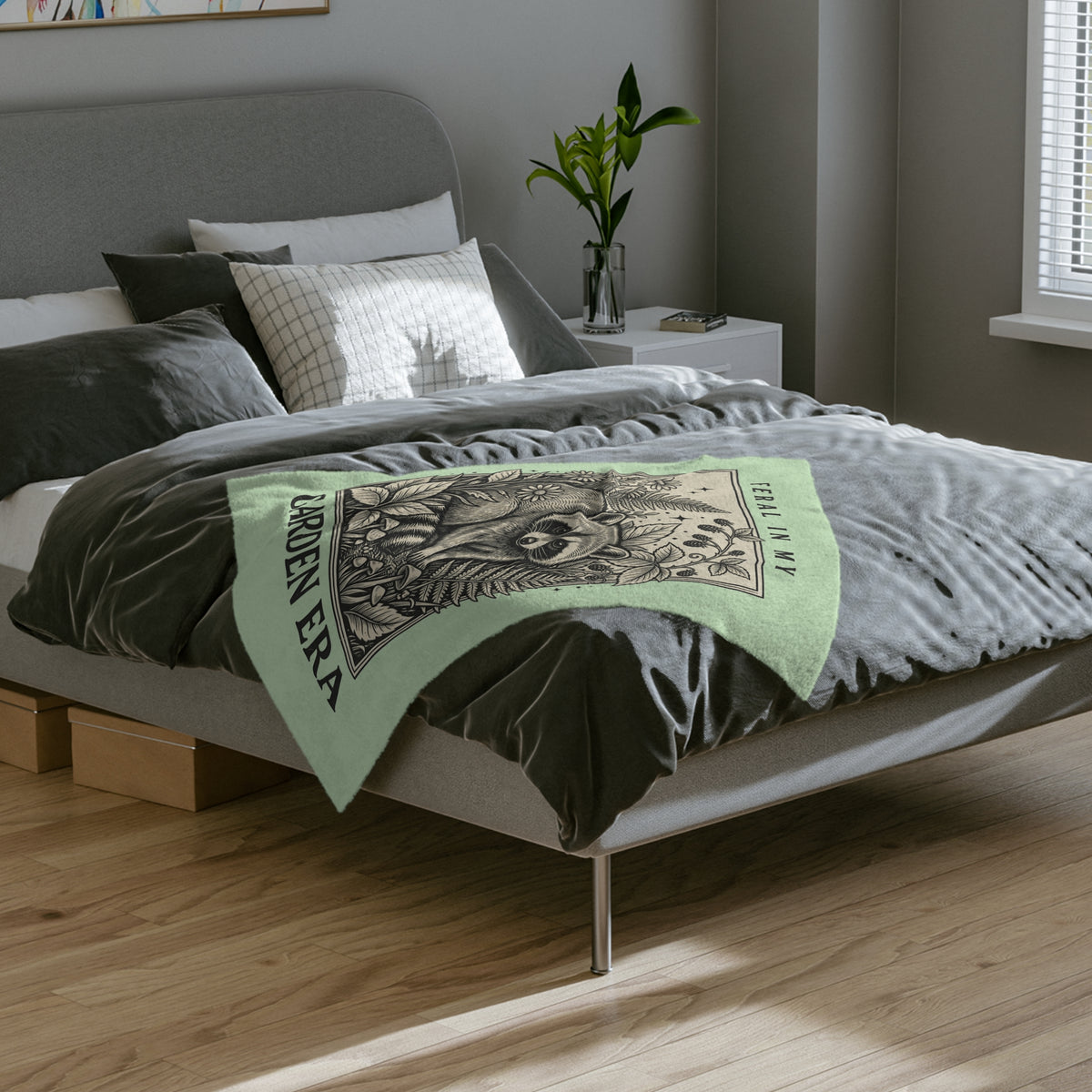 Feral in My Garden Era Velveteen Microfiber Blanket | Raccoon Botanical Illustration