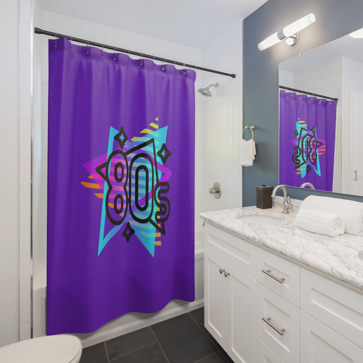 80s Retro Neon Graphic Shower Curtain | Vaporwave Purple 1980s Decor