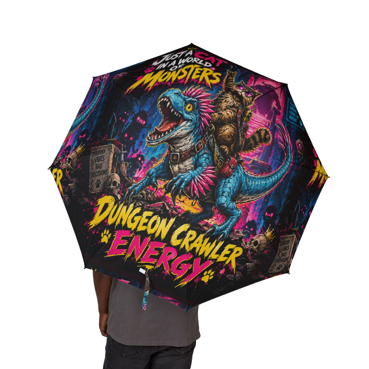 Neon Cyberpunk Cat Monster Dungeon Crawler Foldable Umbrella | Semi-Automatic