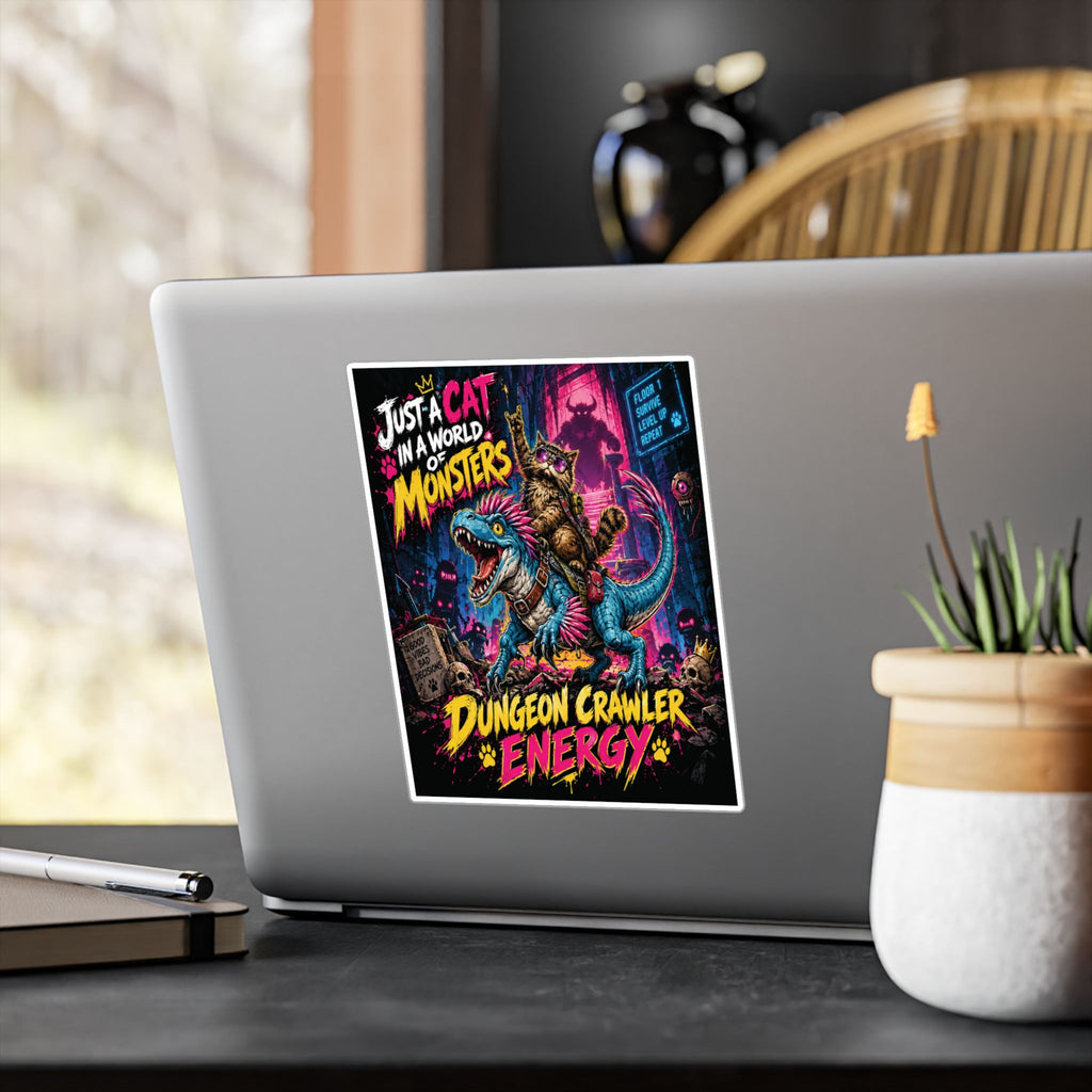 Dungeon Crawler Energy Cat Riding Dinosaur Sticker | Kiss-Cut Vinyl Decal