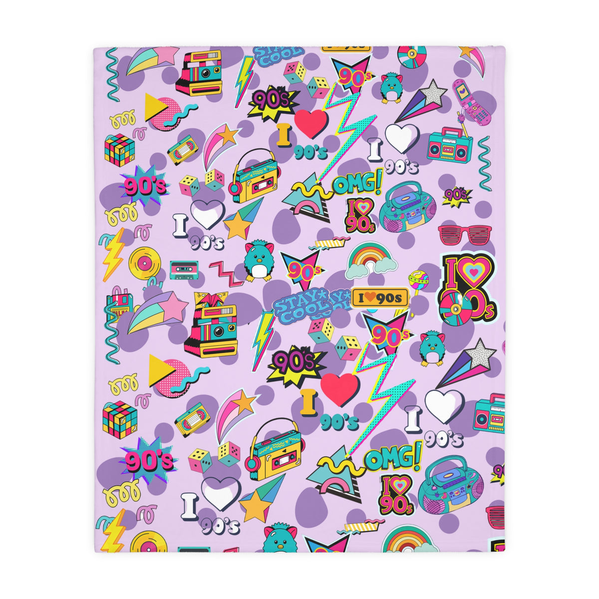 90s Retro Icons blanket Velveteen Microfiber Throw | Pastel Cassette & Lightning Pattern
