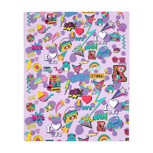 90s Retro Icons blanket Velveteen Microfiber Throw | Pastel Cassette & Lightning Pattern