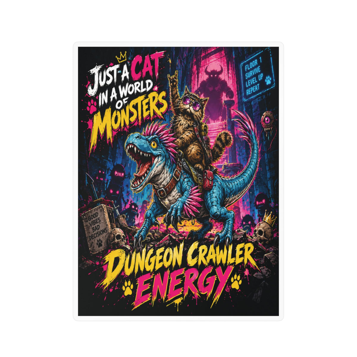 Dungeon Crawler Energy Cat Riding Dinosaur Sticker | Kiss-Cut Vinyl Decal