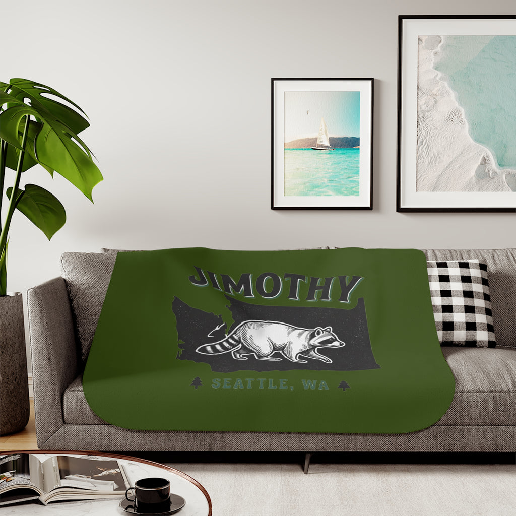 Raccoon Jimothy Washington State design Sherpa Blanket | Seattle forest cabin