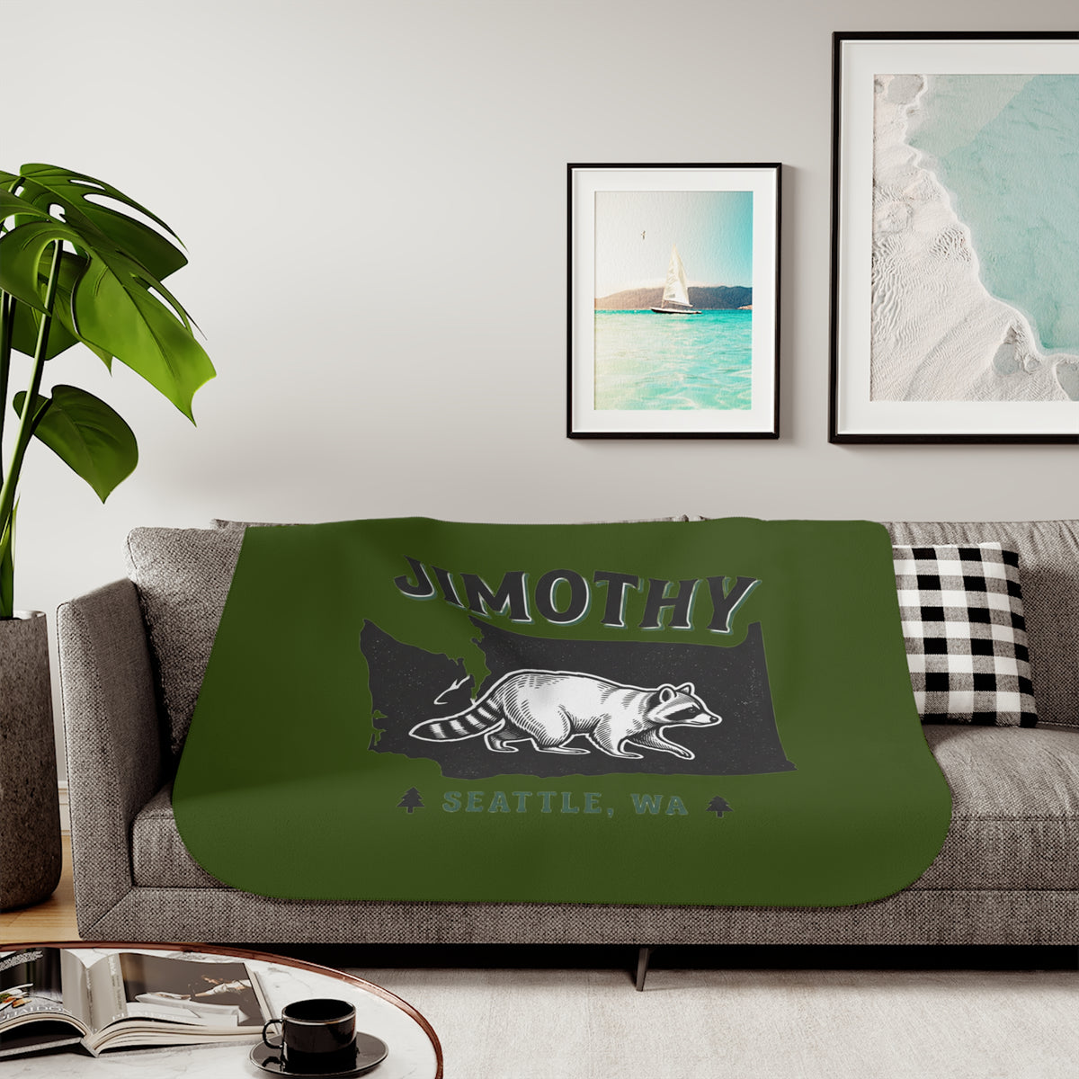 Raccoon Jimothy Washington State design Sherpa Blanket | Seattle forest cabin