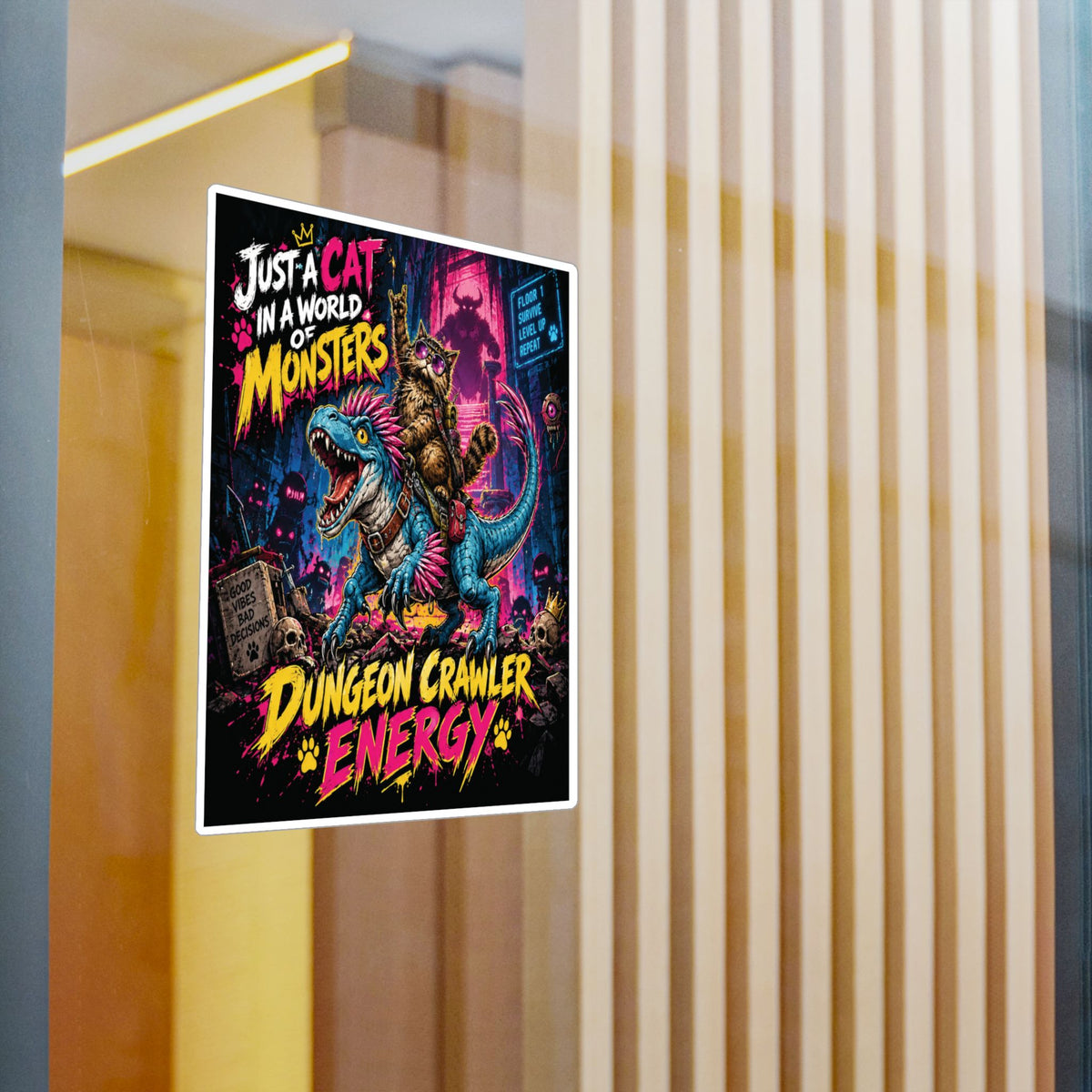 Dungeon Crawler Energy Cat Riding Dinosaur Sticker | Kiss-Cut Vinyl Decal