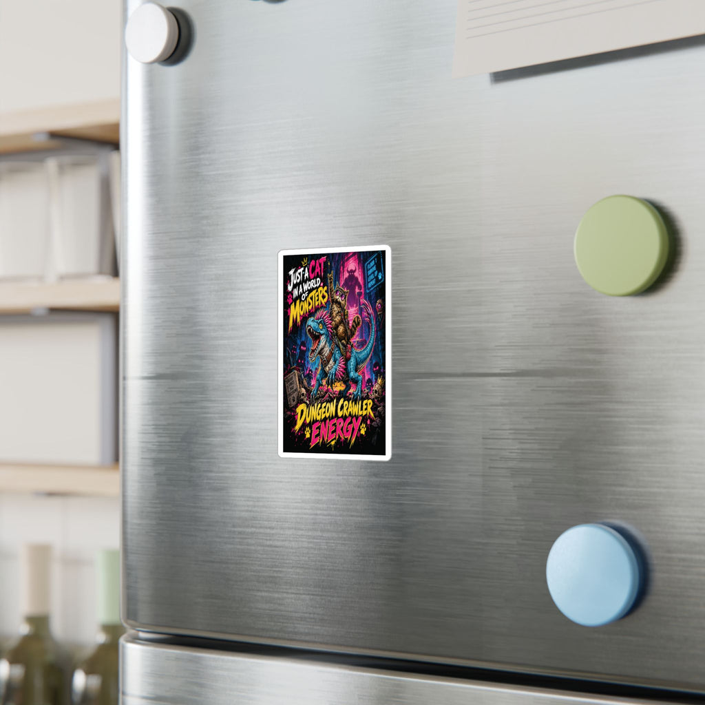 Dungeon Crawler Energy Cat Riding Dinosaur Sticker | Kiss-Cut Vinyl Decal