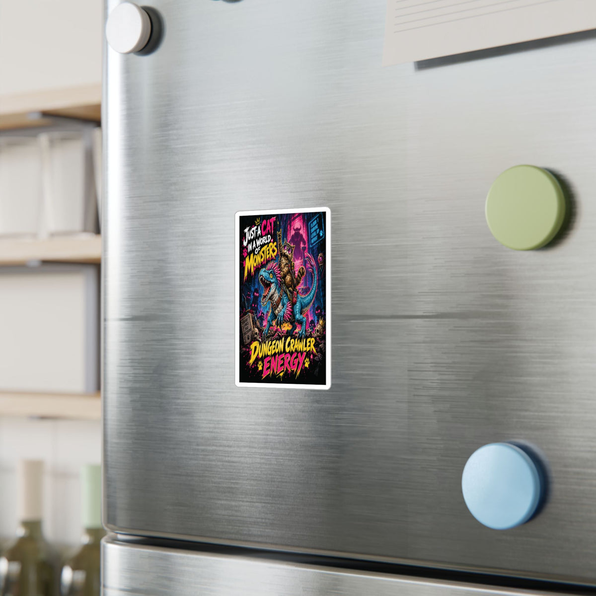 Dungeon Crawler Energy Cat Riding Dinosaur Sticker | Kiss-Cut Vinyl Decal