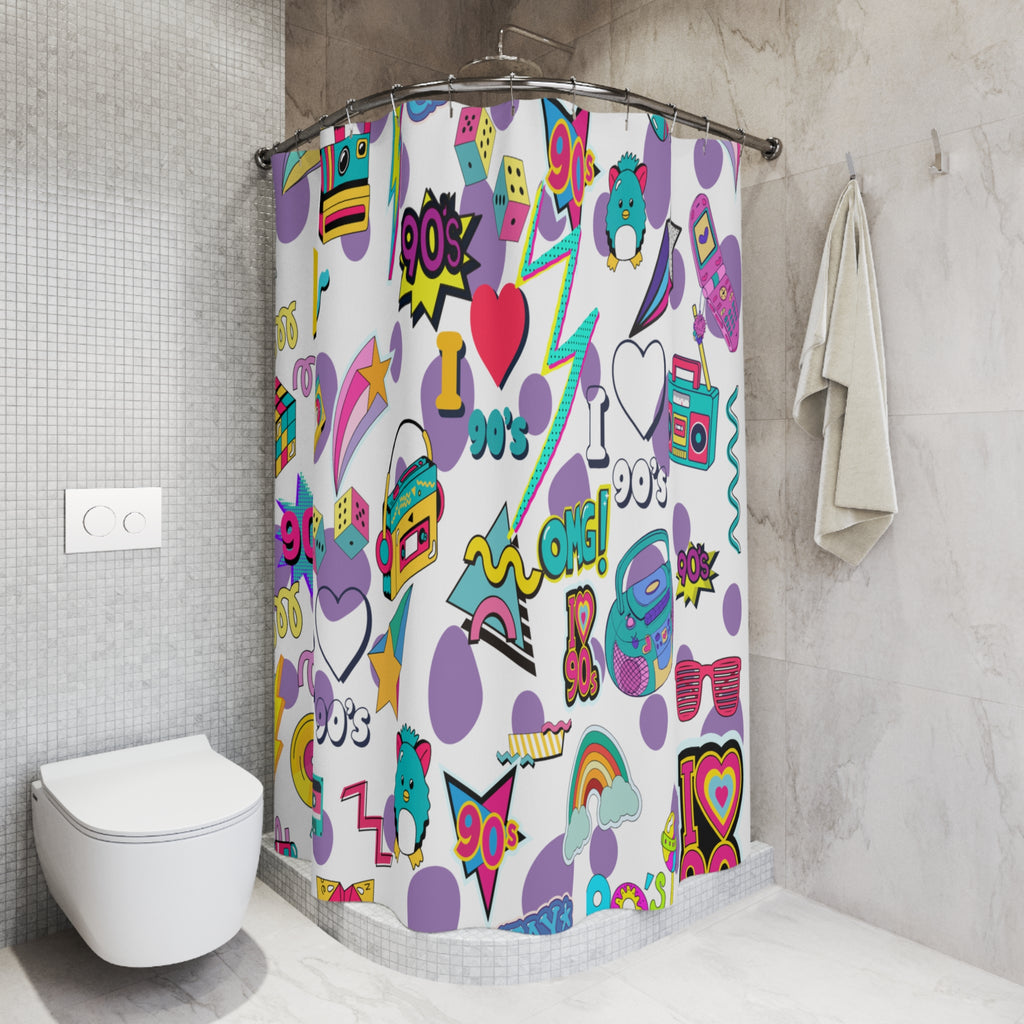 90s Pop Icons Shower Curtain | Retro Cassette, Boombox, Neon Stickers
