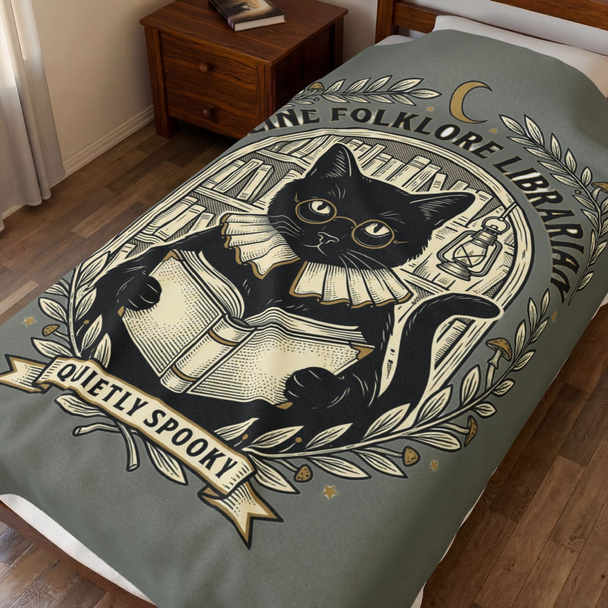 Feline Folklore Librarian Velveteen Plush Blanket | Quietly Spooky Cat Reading