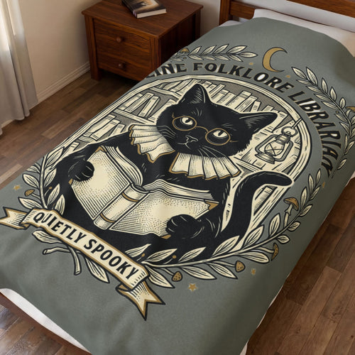 Feline Folklore Librarian Velveteen Plush Blanket | Quietly Spooky Cat Reading