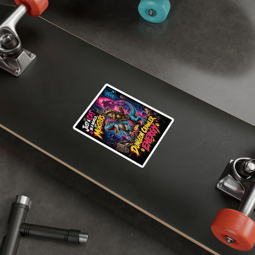Dungeon Crawler Energy Cat Riding Dinosaur Sticker | Kiss-Cut Vinyl Decal