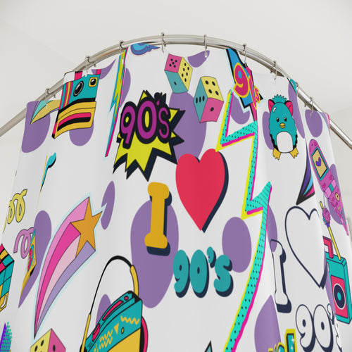 90s Pop Icons Shower Curtain | Retro Cassette, Boombox, Neon Stickers