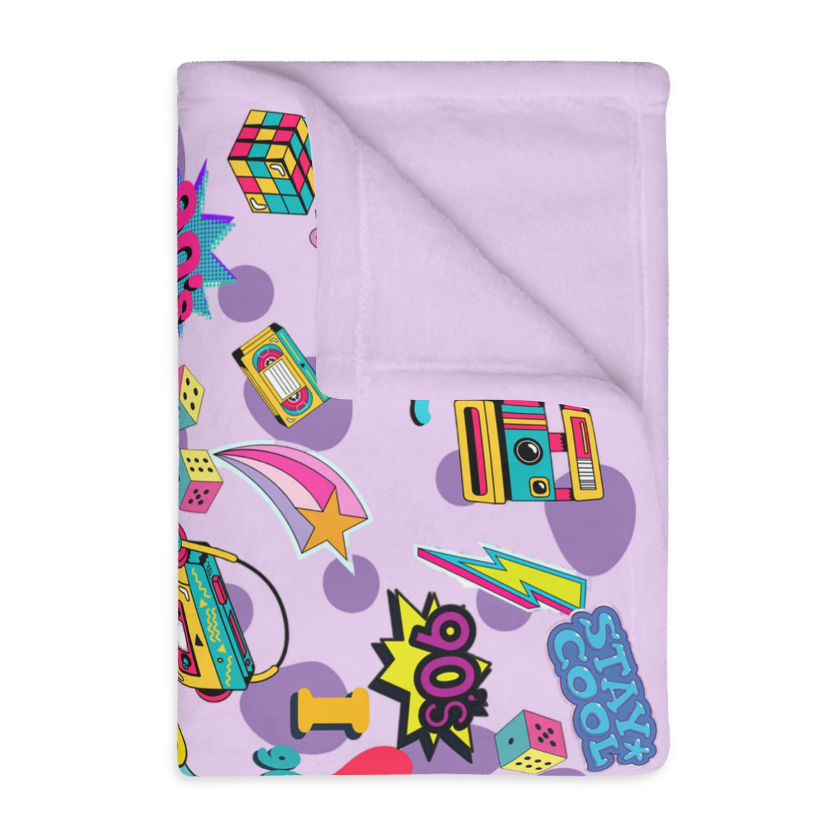 90s Retro Icons blanket Velveteen Microfiber Throw | Pastel Cassette & Lightning Pattern