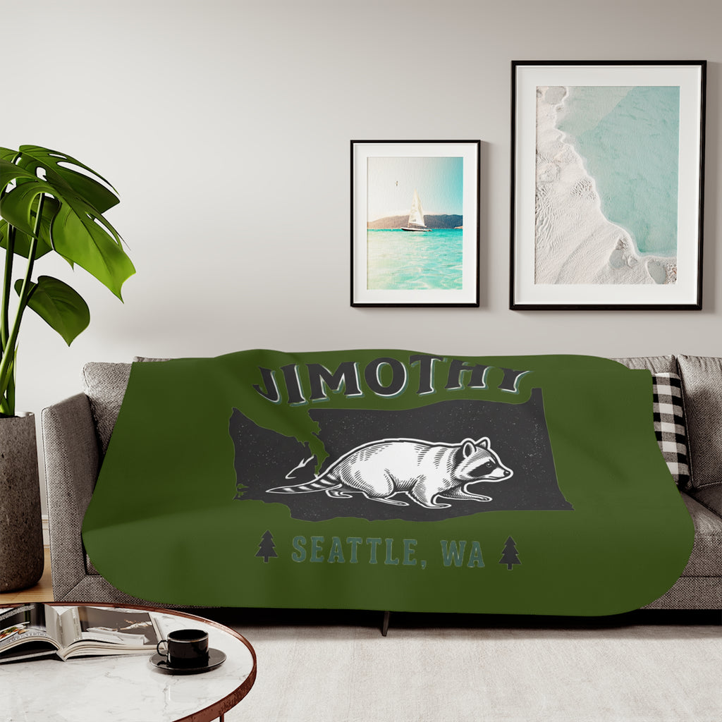 Raccoon Jimothy Washington State design Sherpa Blanket | Seattle forest cabin