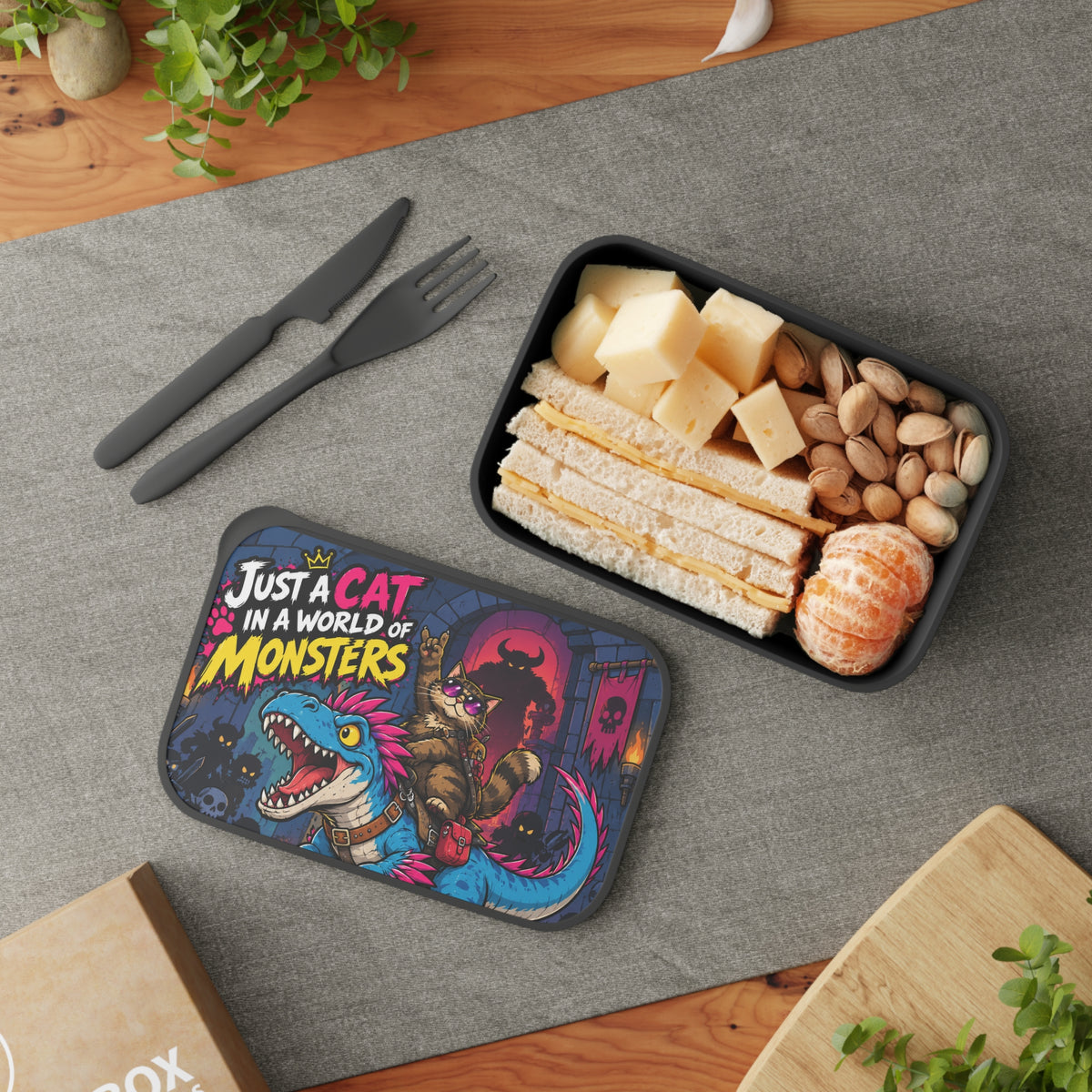 Just a Cat in a World of Monsters Bento Box | PLA Lunchbox with Utensils