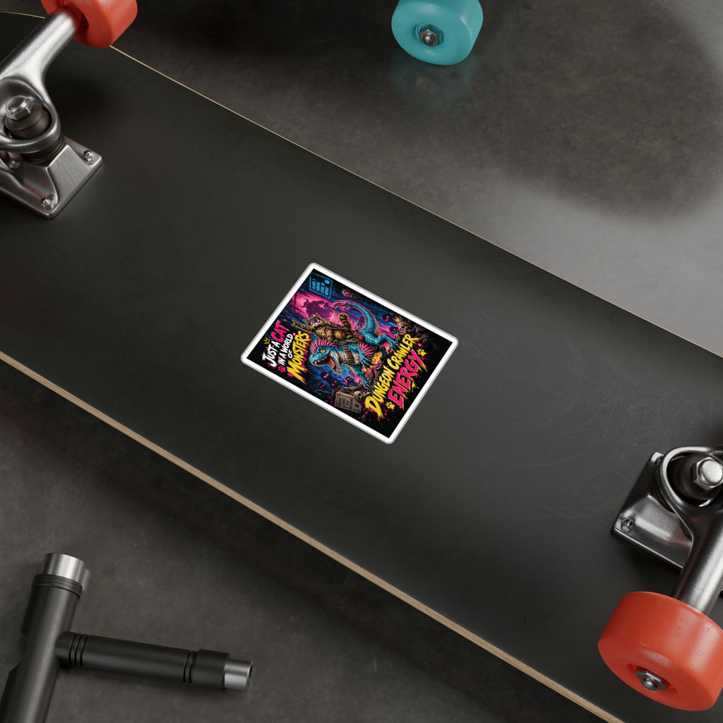 Dungeon Crawler Energy Cat Riding Dinosaur Sticker | Kiss-Cut Vinyl Decal