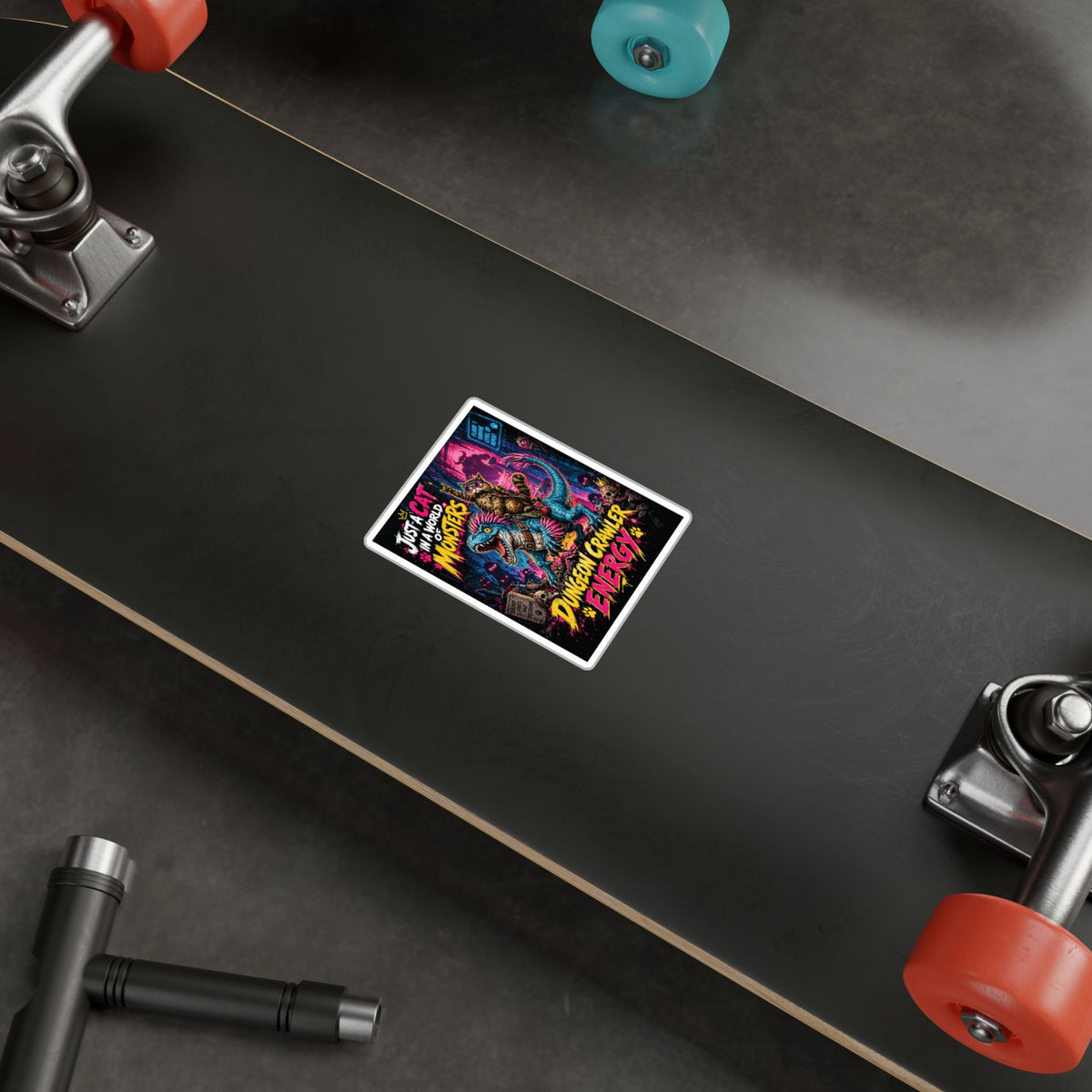 Dungeon Crawler Energy Cat Riding Dinosaur Sticker | Kiss-Cut Vinyl Decal