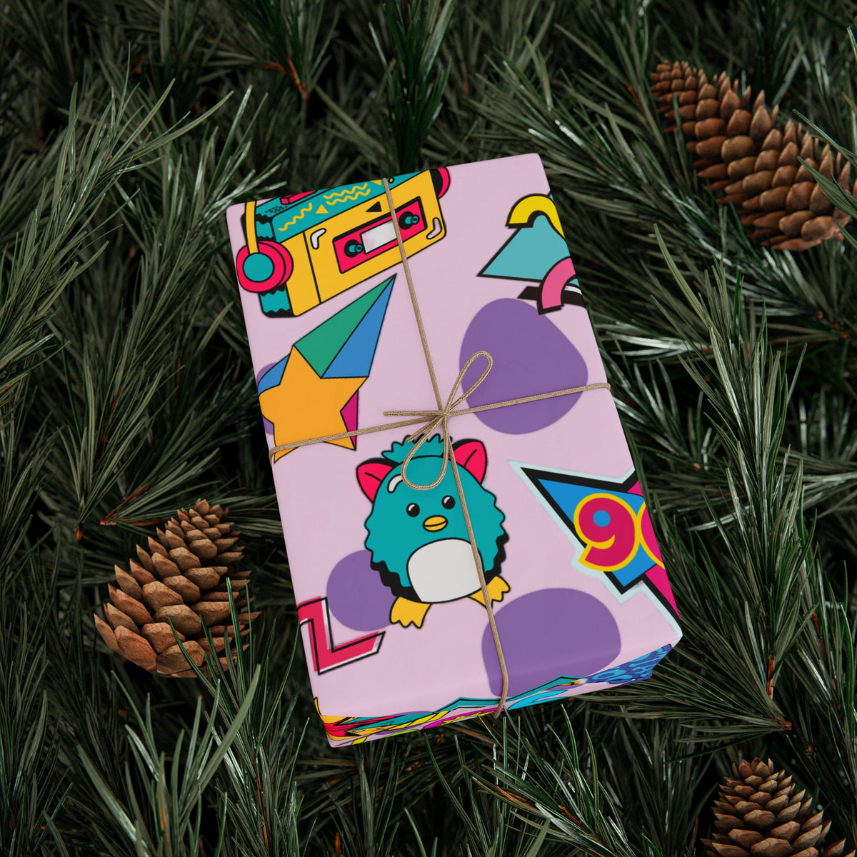 90s Retro Pattern Wrapping Paper | Neon Cassette, Rubik, Sunglasses