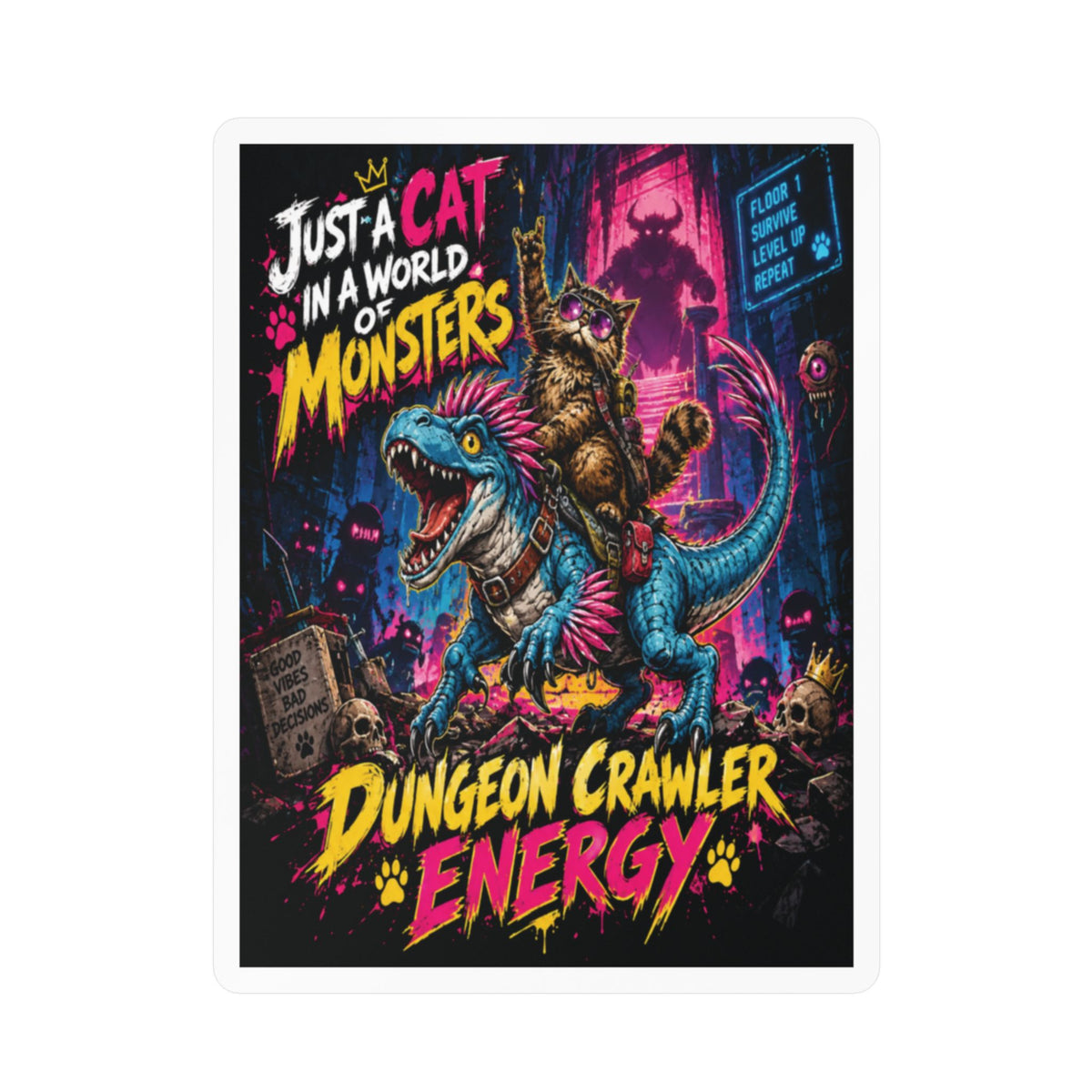 Dungeon Crawler Energy Cat Riding Dinosaur Sticker | Kiss-Cut Vinyl Decal